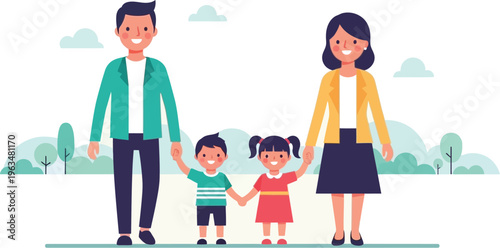 Happy nuclear family walks holding hands outdoors with soft green.