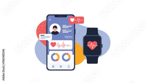 Health tracking and fitness app concept with a smartphone and smartwatch showing heart rate data, activity charts, and user profile.