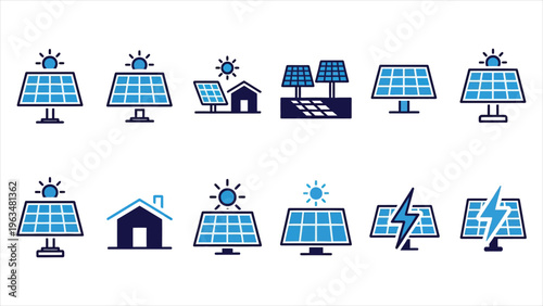 Solar Panel Icon Set Clean Energy, Photovoltaic Systems, and Sun-Powered Electricity – Solid Vector Collection