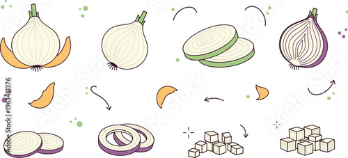 Onion preparation process icons set with whole sliced rings chopped pieces cooking steps and vegetable cutting illustration collection