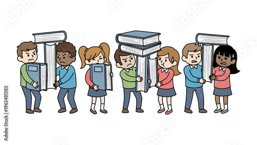  Burden of Knowledge: A group of diverse students trudging under the weight of oversized books. Depicting the challenges and strain associated with education