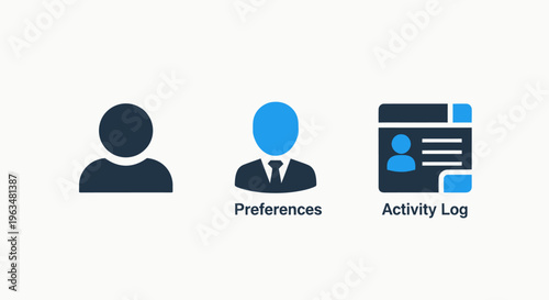 User profile icons: person icon, preferences settings icon, and activity log icon for user management and digital identity, user experience