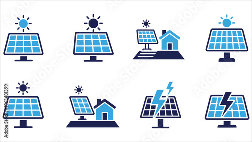 Solar Panel Icon Set Clean Energy, Photovoltaic Systems, and Sun-Powered Electricity – Solid Vector Collection