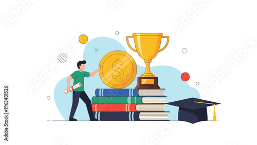 Educational achievement and career reward concept showing a student with a diploma, books, gold trophy, and giant dollar money coin.
