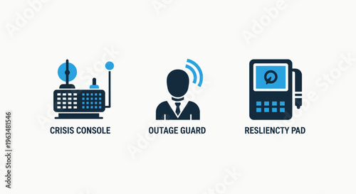 System monitoring icons: crisis console, outage guard, and resiliency - vector graphic