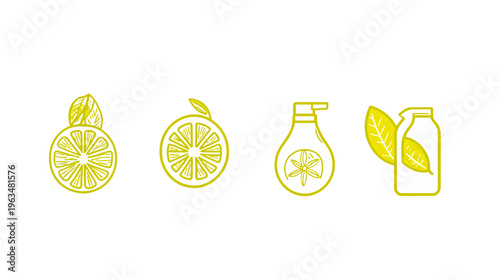 Collection of stylized illustrations featuring citrus fruit and product bottles, all in a yellow outline