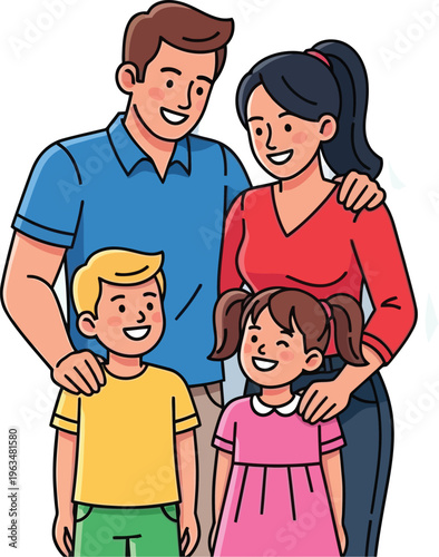 Happy nuclear family poses together smiling warmly for a cheerful portrait.