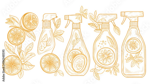 Artistic depiction of cleaning bottles adorned with citrus fruits and foliage in an elegant palette