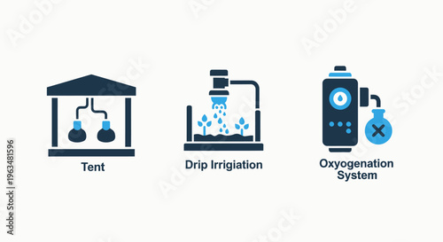 Icons representing a tent, drip irrigation system, and oxygenation system, illustrating agricultural technology and cultivation methods