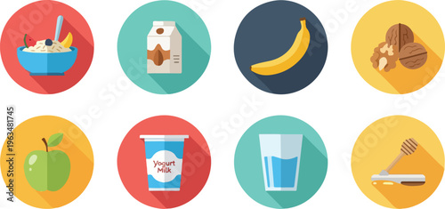 Flat design breakfast food icons, set of 8 healthy morning meal elements including oatmeal and fruit, colorful nutrition vector graphics for apps