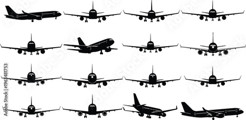 Set of commercial airplane silhouettes showing various flight angles and landing positions isolated on white for aviation and travel design