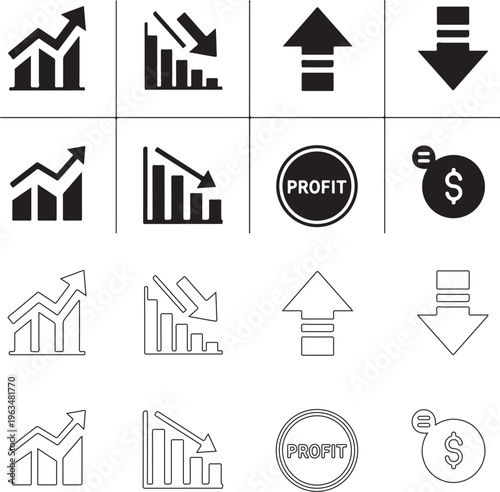 Business growth and fall icon set. Vector symbols for increase and decrease trends in charts and graphs..eps