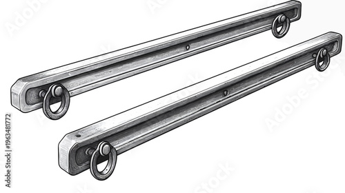 Two parallel, metallic, oblong shapes with rings attached at each end, in grayscale