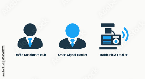 Smart traffic management, signal tracking, and user dashboard hub icons for data analytics and systems