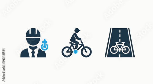 Urban planning and cycling icons representing bicycle lanes, commuters, and transportation engineering solutions