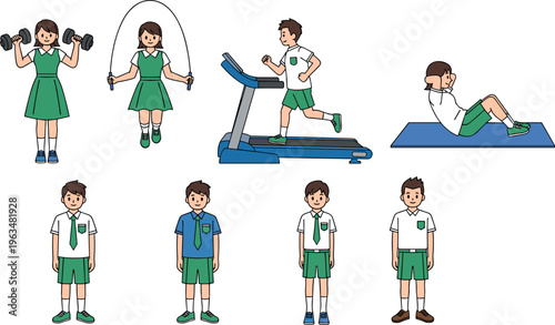 Cartoon Character Set with Various Poses for Physical Activity, Exercise, and Sports Outfits for Fun and Fitness Illustrations