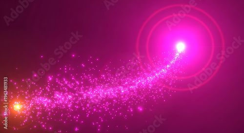 Bright pink glowing light streak with sparkling particles and lens flare on dark background, magical effect, celebration concept, particle effect