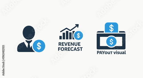 Finance and business icons: user coin, revenue forecast graph, payment system, financial management, business growth, investment, money icons, business icon