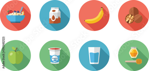 Healthy breakfast food icons set, flat vector illustration of 8 nutrition elements including oatmeal, almond milk, banana, nuts, apple and yogurt