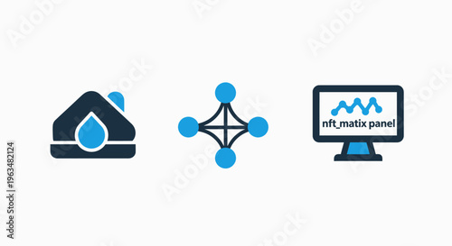Smart home and network icons: smart water meter, iot network hub, remote monitoring dashboard, connected home technology, internet of things, home automation