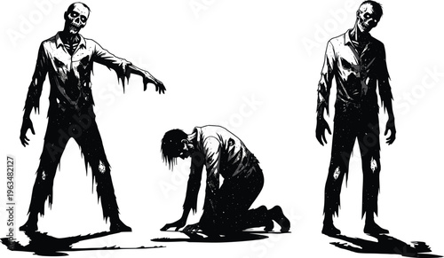 Vector illustration set of creepy undead zombie silhouettes with ragged clothes standing and crawling in a spooky horror comic book style