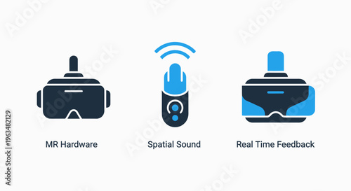 Virtual reality technology icons: vr headset, spatial audio remote, real-time feedback device, vr hardware, immersive technology, gaming, entertainment icons