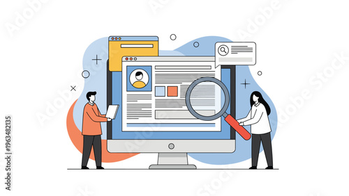 Human resources and candidate screening concept showing people inspecting a digital resume and profile on a large computer monitor.