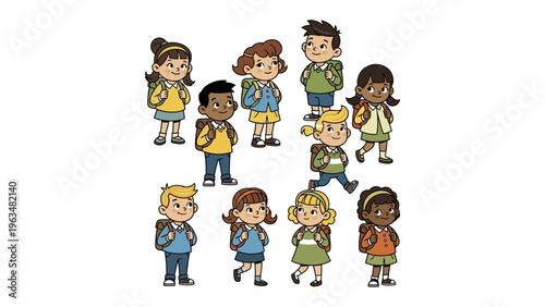 School Ready: A group of diverse young scholars stand ready to embrace the day, their backpacks filled with the promise of knowledge, and enthusiasm for learning.