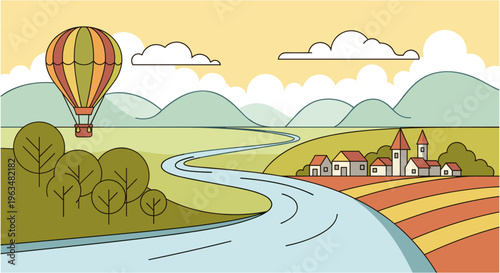 Colorful hot air balloon flying over serene countryside landscape with rolling hills and river in sunny weather for travel brochure