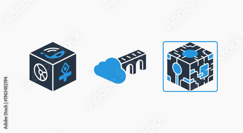 Abstract concepts icons: data cubes, cloud computing, and networked structures - graphic resource