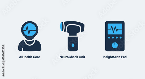 Healthcare technology icons: AI health care, neuro scan unit, and insight scan pod for medical diagnostics and innovation