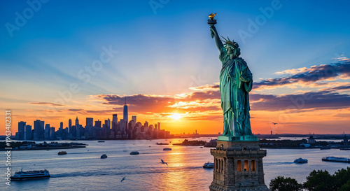 Photography Statue of Liberty at sunset with New York City skyline