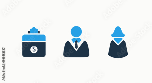 Finance and business icons: money box, businessman, and investor symbol for banking, investment, and corporate services