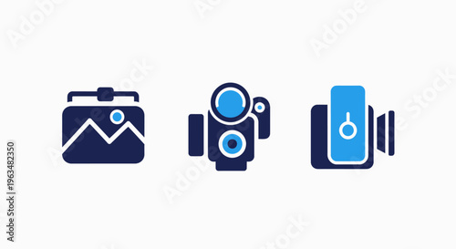 Photography and videography icons: camera roll, camera, and camcorder for media production, content creation, and visual arts
