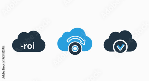 Cloud icons: roi text, circular arrow in cloud, checkmark in cloud, signifying data, finance, or success