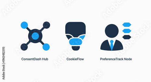 Business icons: connection hub, workflow, preference node for data management and user profiles