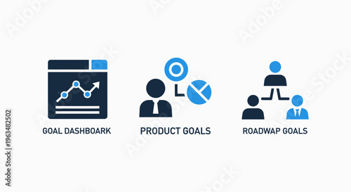 Business goal icons: dashboard analytics, product goals pie chart, and team roadmap strategy for corporate planning and performance tracking