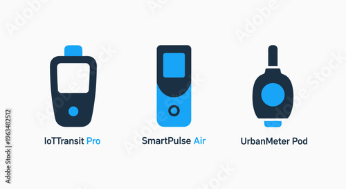 Smart device icons: iot transit pro, smart pulse air, and urban mover pod for connected technology, health monitoring, and urban mobility