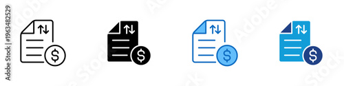 Financial Report Multiple Style Icon Design Vector - Document with arrows and dollar symbol representing financial analysis, performance tracking, and revenue reporting