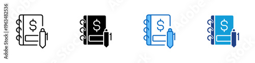 Finance Notebook Multiple Style Icon Design Vector - Notebook with dollar symbol and pen representing financial planning, accounting notes, and budget management