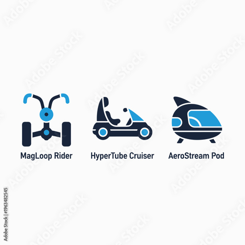 Futuristic transport icons: magloop rider, hypertube cruiser, and aerostream pod for advanced personal mobility and future transportation concepts