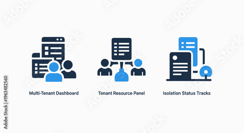 Business management icons: dashboard, team resources, and data tracking