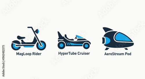 Future mobility concepts: electric scooter, pod vehicle, and hyperloop pod icons, transportation icon