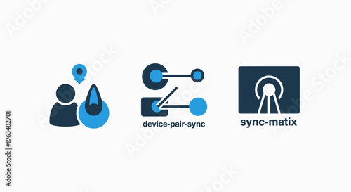 Connectivity icons: people, device sync, and network connection - illustrating communication, data sharing, and digital networks