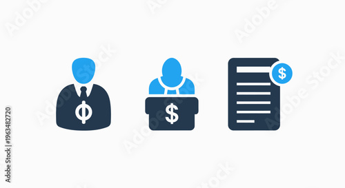 Finance icons: business people and document with dollar sign - representing financial transactions, investment, and wealth management
