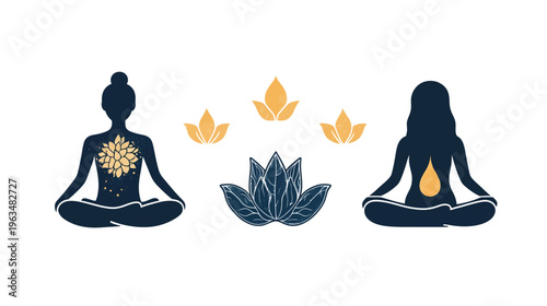 Illustration of two meditating figures, a lotus flower, and additional golden leaves on white background