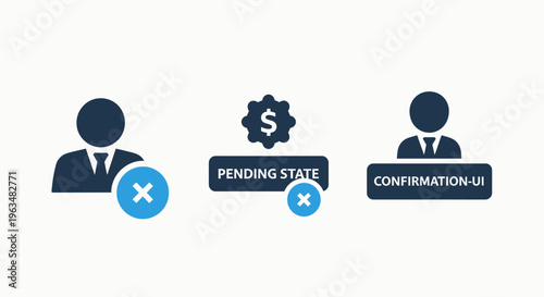 Icons for pending state, confirmation UI, and a user with a cancel symbol, representing application states and user interface elements in business