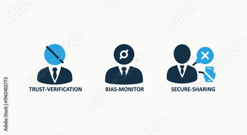 Icons for trust verification, access monitor, and secure sharing, depicting security and data privacy concepts with user avatars