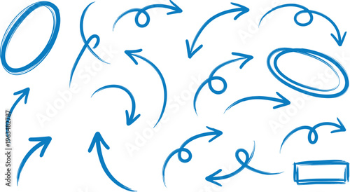 Blue Hand Drawn Doodle Arrow Set with Curved Lines Swirls and Circle Highlight Frames for Creative Directional Navigation and Emphasis