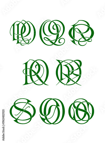 Monogram initials combinations, decorative interlocking letters in green and white line art, isolated on white background.